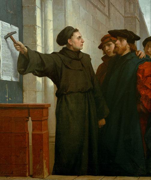 Historical painting depicting Martin Luther posting the Ninety-Five Theses